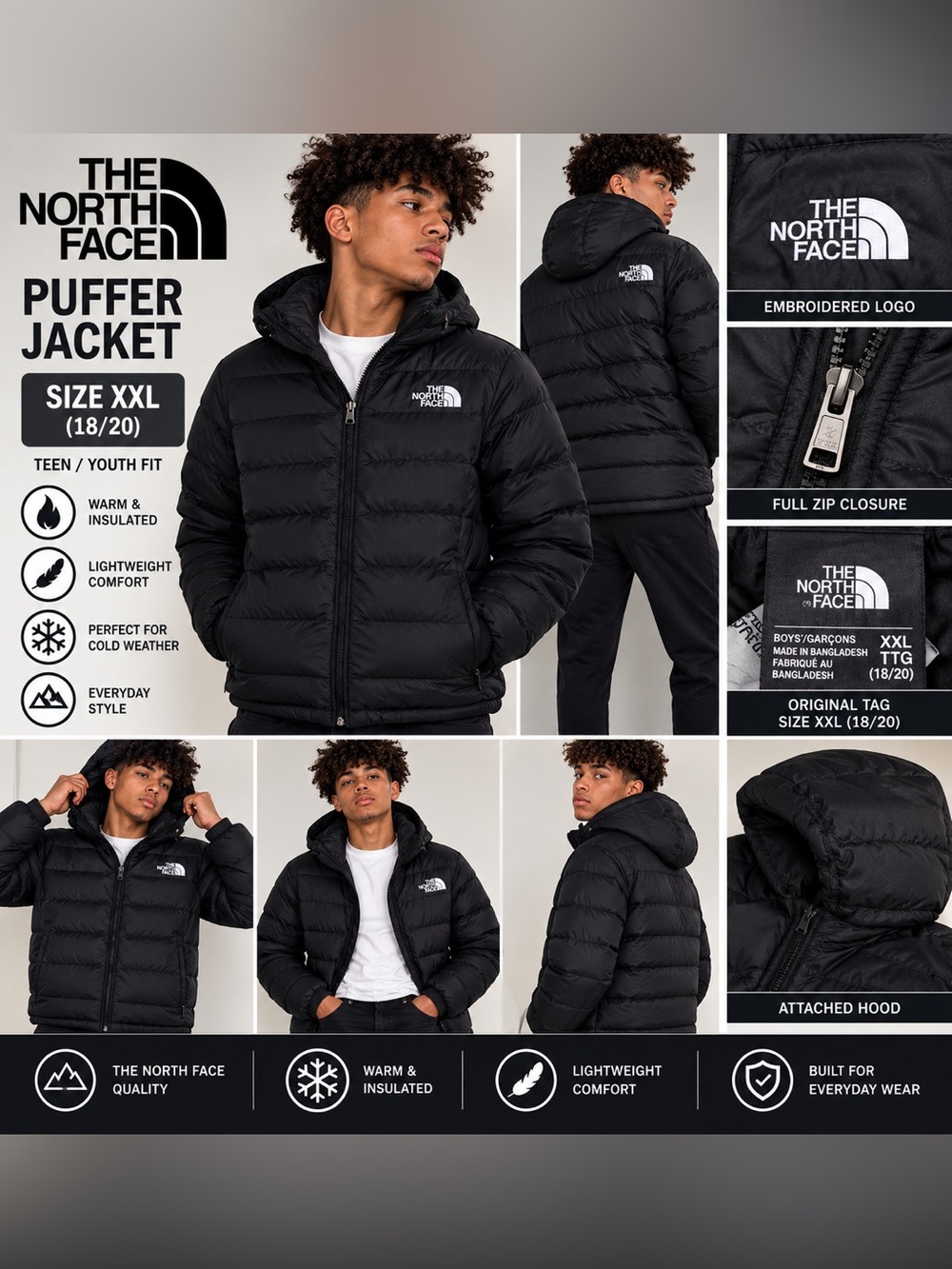 The North Face Black Quilted Puffer Jacket with Hood XXL - 18/20